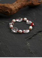 Luminous Clarity: Freeform Clear Quartz & Natural Pearl Protective Red Cord Bracelet