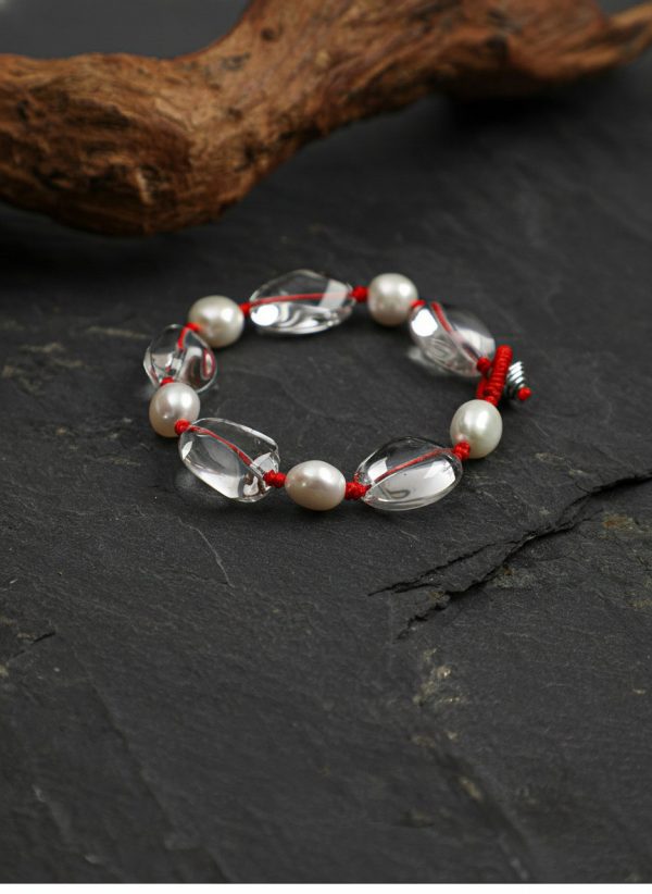 Luminous Clarity: Freeform Clear Quartz & Natural Pearl Protective Red Cord Bracelet