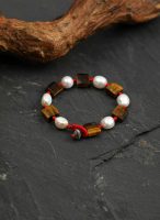 Grounded Fortune: Faceted Tiger's Eye & Natural Pearl Red String Bracelet