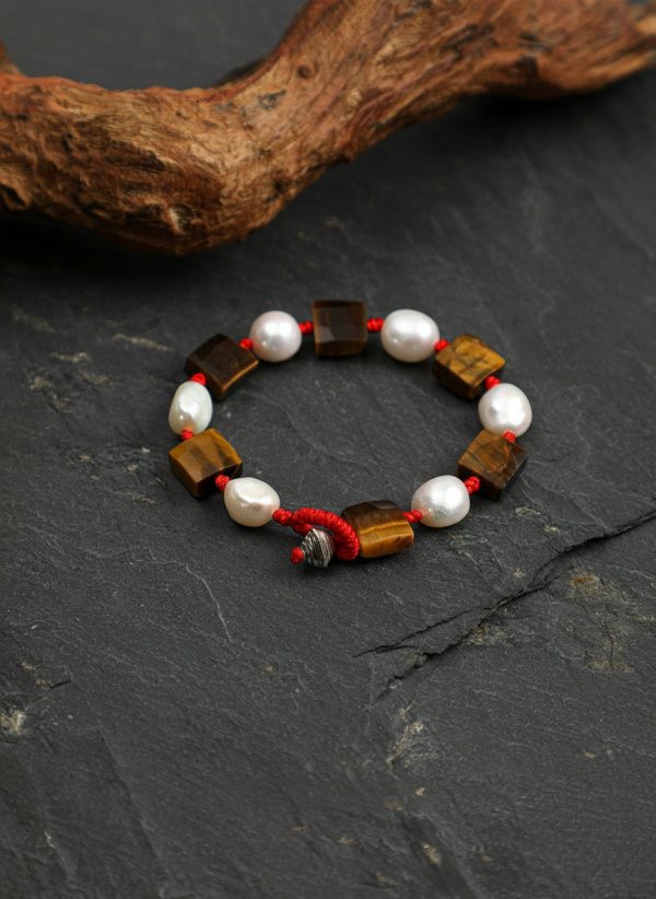 Grounded Fortune: Faceted Tiger's Eye & Natural Pearl Red String Bracelet