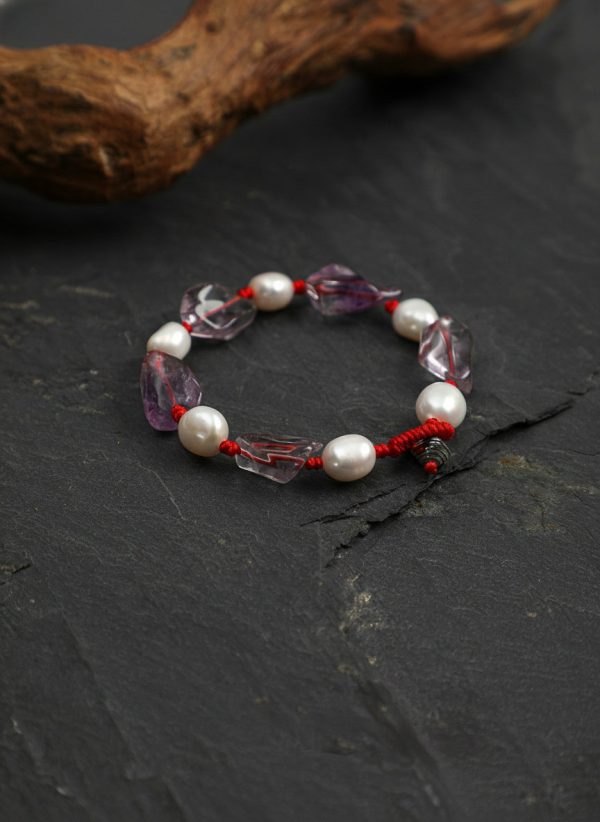 Intuitive Wisdom: Freeform Amethyst & Natural Pearl Red String Protection Bracelet