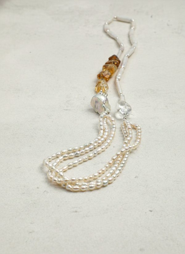 Luminous Prosperity: Brazilian Citrine, Baroque Pearl & Silver Opera Necklace