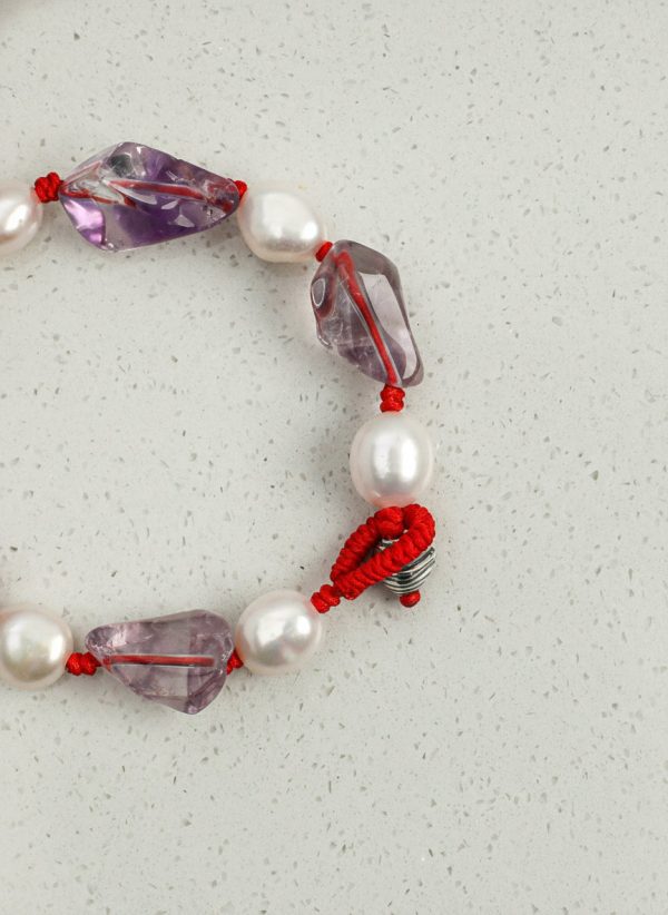 Intuitive Wisdom: Freeform Amethyst & Natural Pearl Red String Protection Bracelet