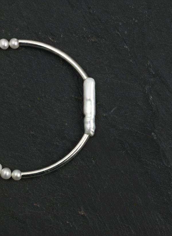 Moonlit Harmony: Natural Seed Pearl & S925 Silver Curved Tube Bracelet