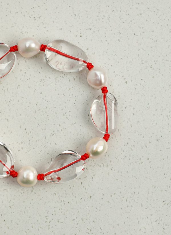 Luminous Clarity: Freeform Clear Quartz & Natural Pearl Protective Red Cord Bracelet
