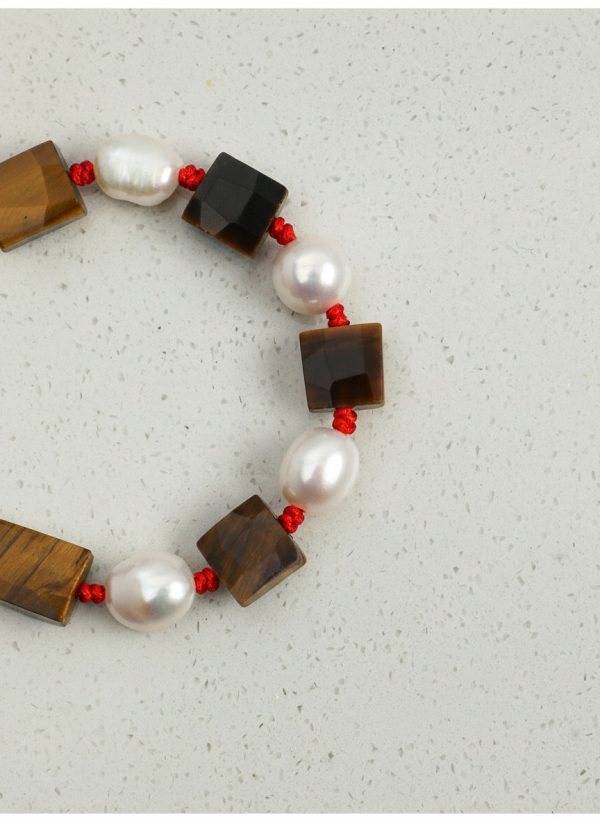 Grounded Fortune: Faceted Tiger's Eye & Natural Pearl Red String Bracelet