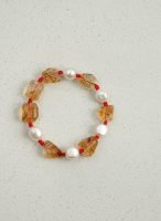 Radiant Prosperity: Freeform Citrine & Natural Pearl Red Cord Bracelet