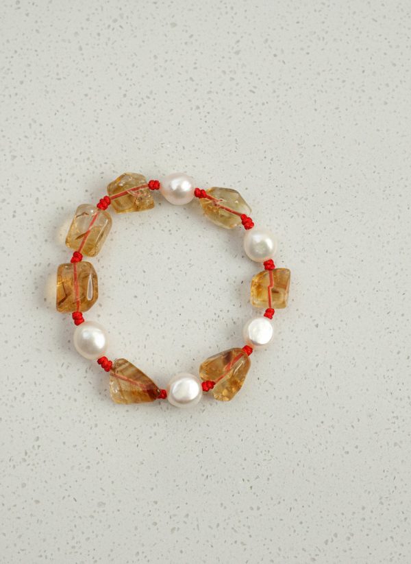 Radiant Prosperity: Freeform Citrine & Natural Pearl Red Cord Bracelet