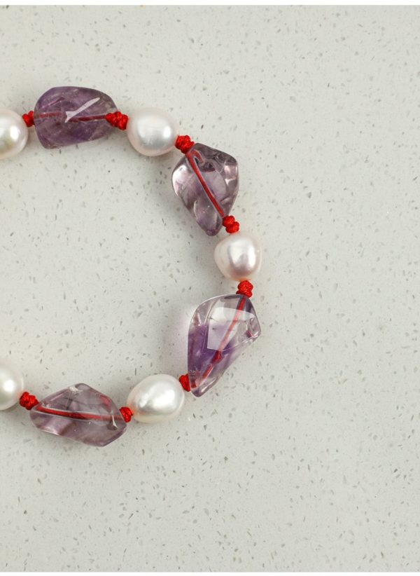 Intuitive Wisdom: Freeform Amethyst & Natural Pearl Red String Protection Bracelet