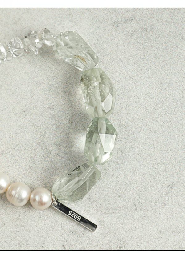 Ethereal Clarity: Green Quartz, Crushed Ice Crystal & Freshwater Pearl Healing Bracelet