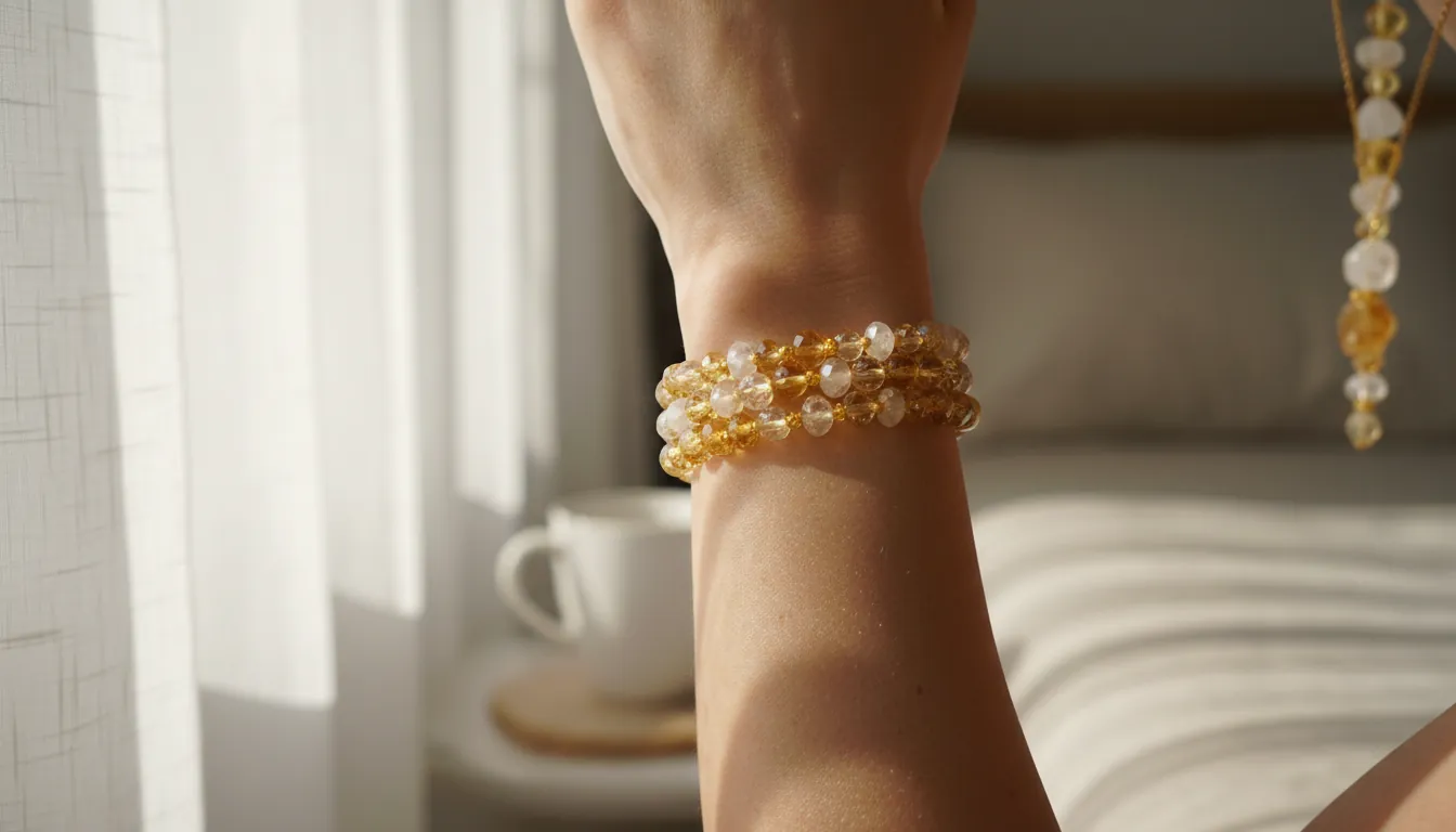 16:9 lifestyle photo of a person wearing natural crystal bracelet and necklace in soft morning light, close-up on Citrine and Clear Quartz beads, minimalist background; alt text: crystals jewelry natural Citrine Clear Quartz bracelet necklace