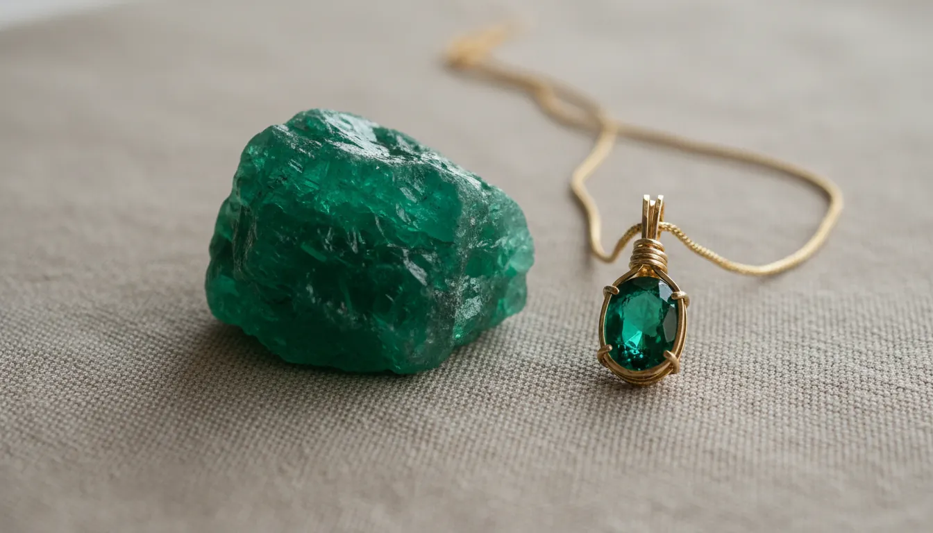 16:9 close-up of a vivid green emerald crystal and a finished handcrafted emerald pendant on a neutral linen background, soft natural window light, tiny inclusions visible for realism; alt text: birthstone for may born emerald pendant natural gemstone jewelry