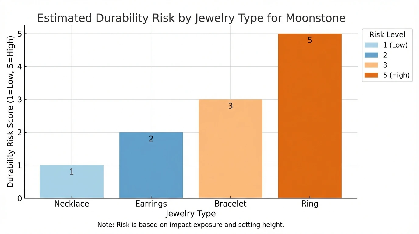 Bar chart showing estimated durability risk by jewelry type for jewellery moonstone (1=low risk, 5=high risk): Necklace 1, Earrings 2, Bracelet 3, Ring 5; include note that risk is based on impact exposure and setting height