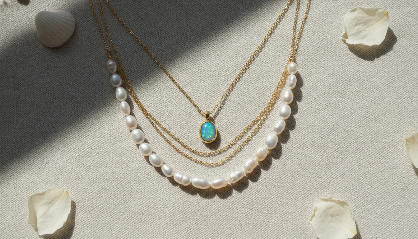 16:9 flat-lay of layered necklaces including an opal birthstone necklace with a freshwater pearl strand and a thin gold chain on linen fabric; soft shadows; alt text: opal birthstone necklace layering freshwater pearl minimalist jewelry styling