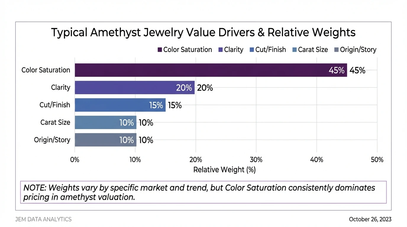 Bar chart showing typical amethyst jewelry value drivers with relative weight: Color saturation (45%), Clarity (20%), Cut/Finish (15%), Carat size (10%), Origin/Story (10%); include note that weights vary by market but color dominates pricing