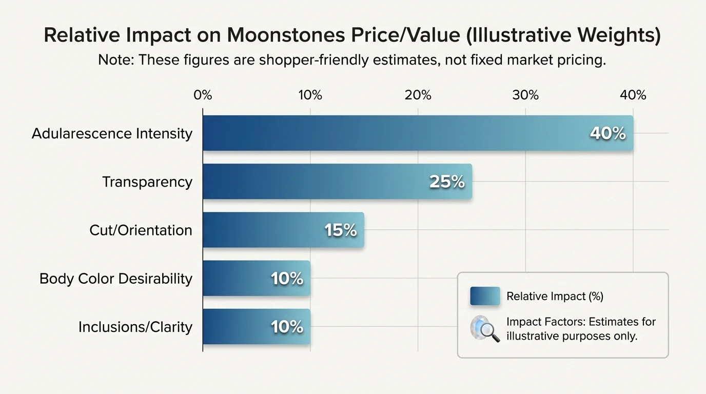 Bar chart showing relative impact on moonstones price/value (illustrative weights): Adularescence intensity 40%, Transparency 25%, Cut/orientation 15%, Body color desirability 10%, Inclusions/clarity 10%; chart explains these are shopper-friendly estimates, not fixed market pricing