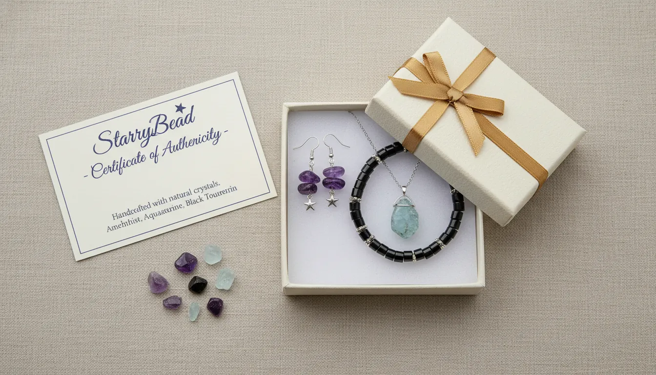 16:9 product flat-lay on neutral linen showing StarryBead-style handcrafted crystals jewelry set (Amethyst earrings, Black Tourmaline bracelet, Aquamarine necklace) with authenticity certificate card and gift box; alt text: crystals jewelry natural Amethyst Aquamarine Black Tourmaline authenticity certificate