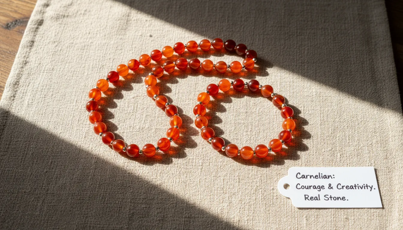 16:9 flat-lay of carnelian bracelet and necklace set on warm linen with sunlight streaks, showing translucent orange-red beads and subtle inclusions; alt text: carnelian jewelry meaning benefits real carnelian identification