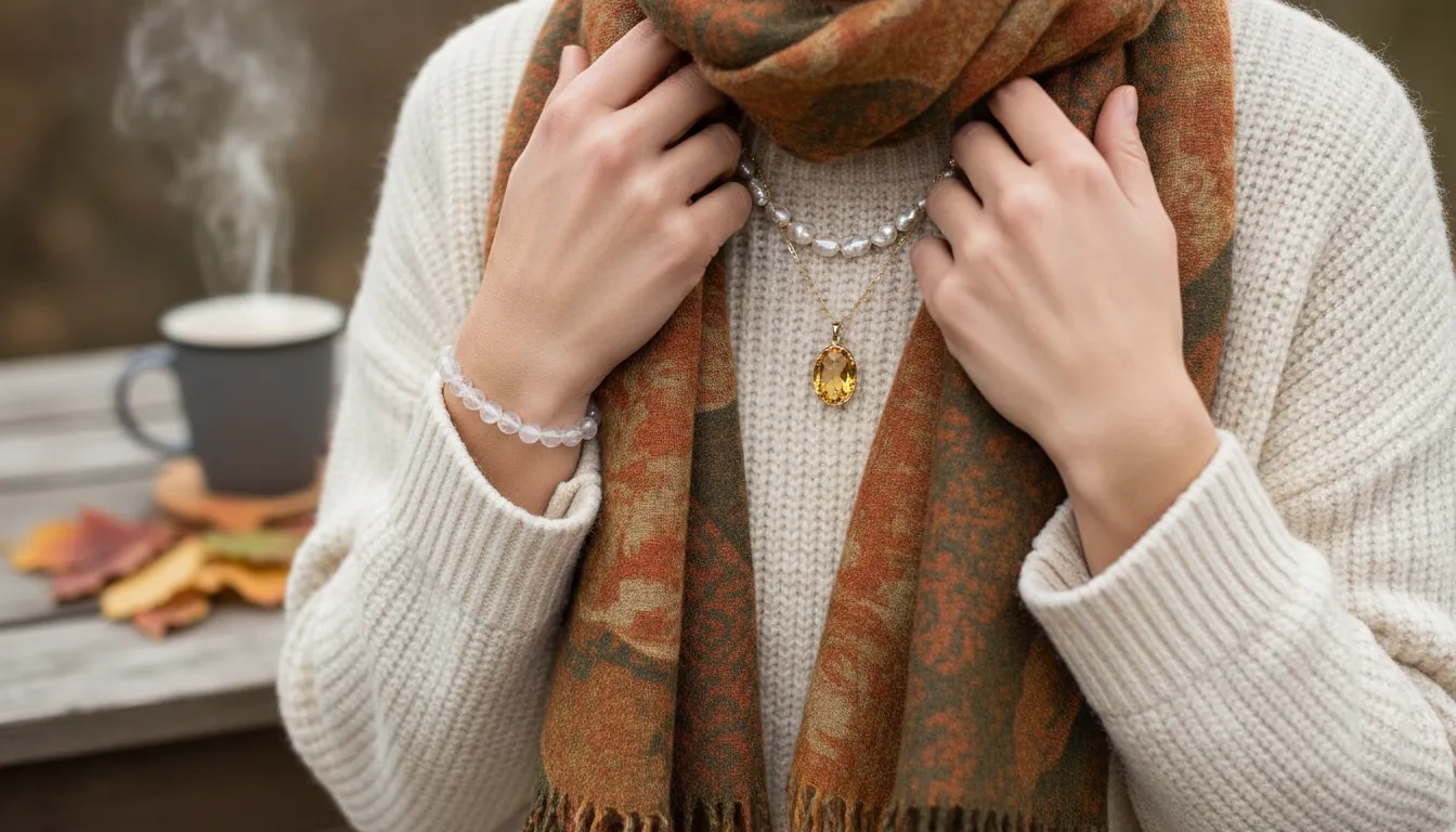 16:9 lifestyle photo of a person layering a birthstone citrine pendant with a freshwater pearl necklace and a clear quartz bracelet; cozy autumn outfit; alt text: birthstone citrine jewelry layering citrine necklace November birthstone bracelet