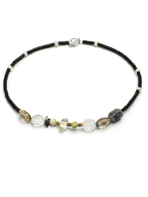 Rooted Abundance: Black Rutilated Quartz, Citrine & Pearl Artisan Necklace