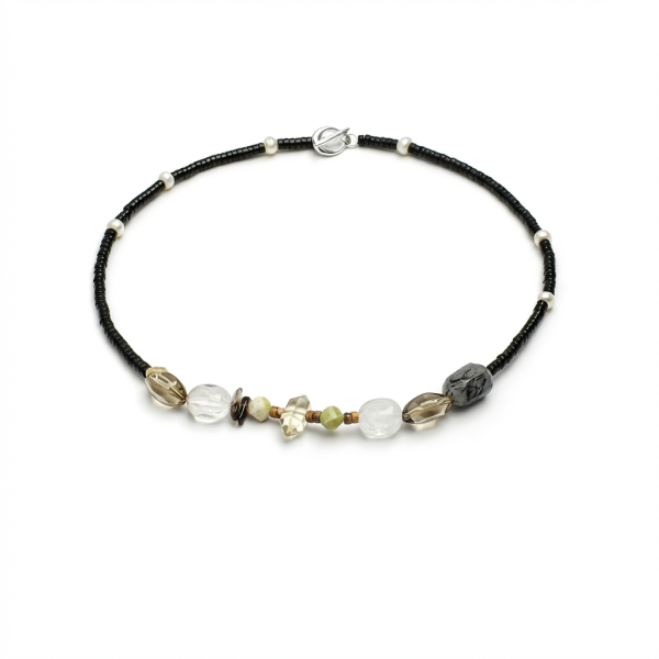 Rooted Abundance: Black Rutilated Quartz, Citrine & Pearl Artisan Necklace