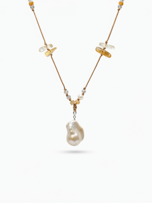 Luminous Tides: Natural Baroque Pearl, Citrine & Grey Moonstone Long Necklace