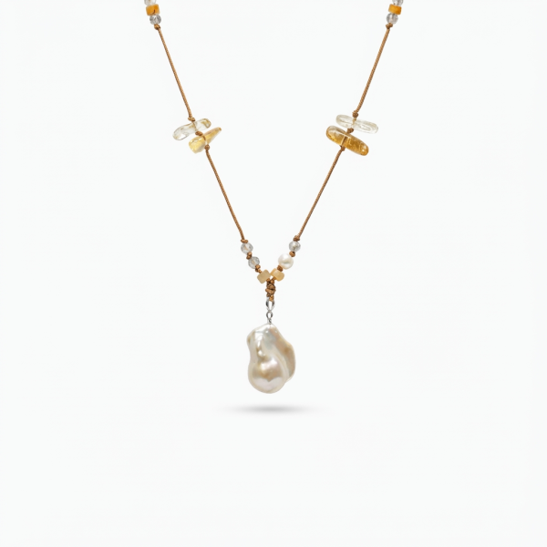 Luminous Tides: Natural Baroque Pearl, Citrine & Grey Moonstone Long Necklace