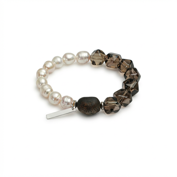 Earthly Harmony: Rare Qinan Agarwood, Smoky Quartz & Freshwater Pearl Healing Bracelet