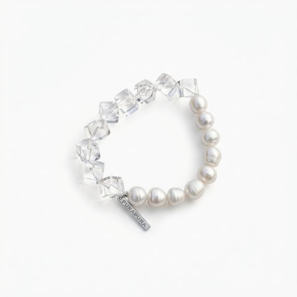 Luminous Clarity: Freshwater Pearl & Geometric Clear Quartz Healing Bracelet