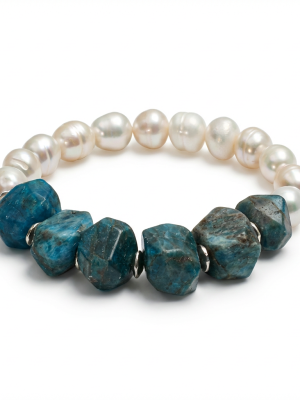 Oceanic Clarity: Raw Blue Apatite & Freshwater Pearl Healing Bracelet
