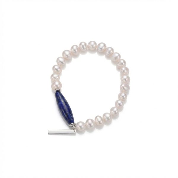 Royal Clarity: Natural Lapis Lazuli & Oval Freshwater Pearl Energy Bracelet