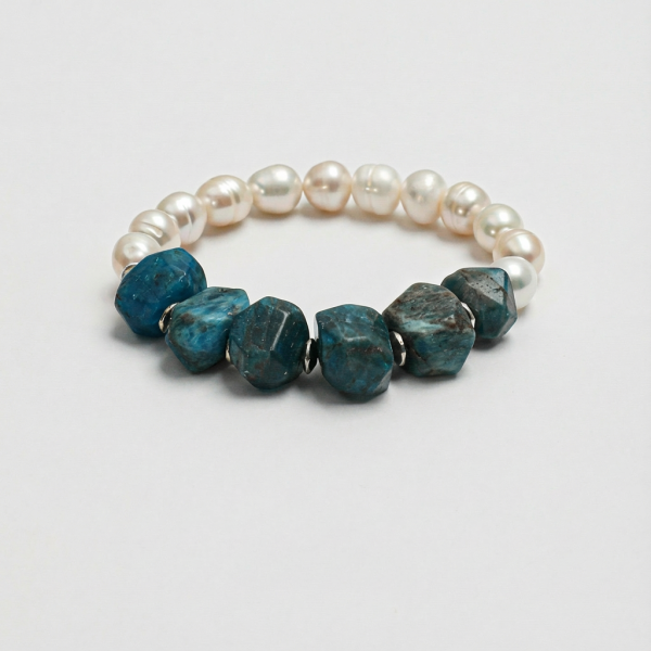 Oceanic Clarity: Raw Blue Apatite & Freshwater Pearl Healing Bracelet