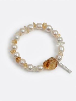 Radiant Abundance: Natural Freeform Citrine & Freshwater Pearl Healing Bracelet