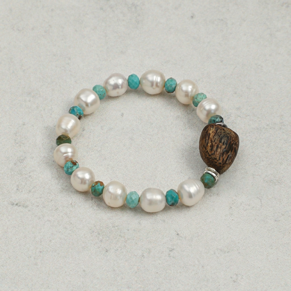 Natural Baroque Pearl, Turquoise & Agarwood Healing Bracelet: Ancient Serenity
