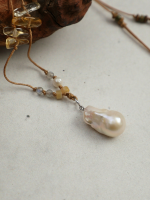 Luminous Tides: Natural Baroque Pearl, Citrine & Grey Moonstone Long Necklace