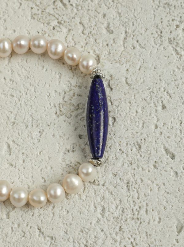Royal Clarity: Natural Lapis Lazuli & Oval Freshwater Pearl Energy Bracelet