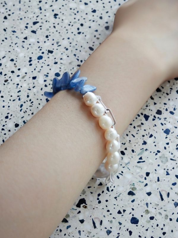 Celestial Tides: Natural Pearl, Blue Kyanite & Freeform Quartz Healing Bracelet