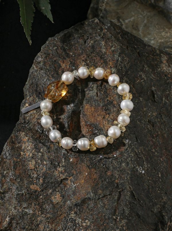 Radiant Abundance: Natural Freeform Citrine & Freshwater Pearl Healing Bracelet