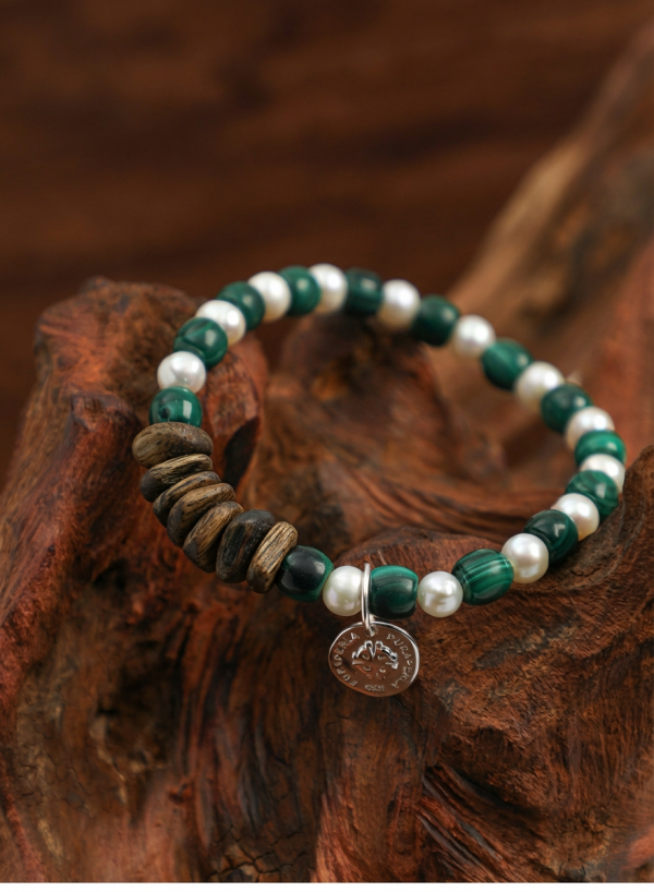 Grounded Harmony: Natural Malachite, Rare Agarwood & Freshwater Pearl Bracelet