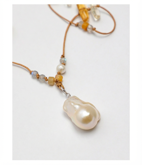 Luminous Tides: Natural Baroque Pearl, Citrine & Grey Moonstone Long Necklace