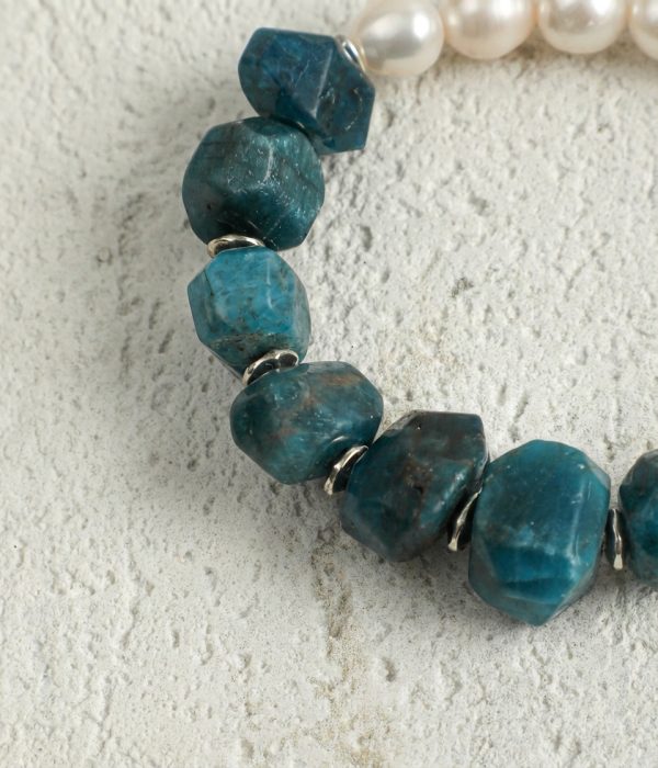 Oceanic Clarity: Raw Blue Apatite & Freshwater Pearl Healing Bracelet