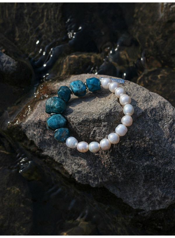Oceanic Clarity: Raw Blue Apatite & Freshwater Pearl Healing Bracelet