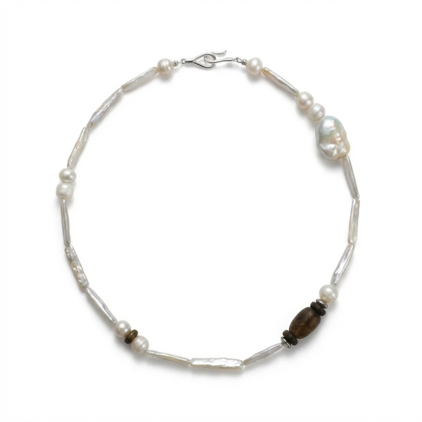 Zen Harmony: Rare Qinan Agarwood & Lustrous Baroque Stick Pearl Necklace