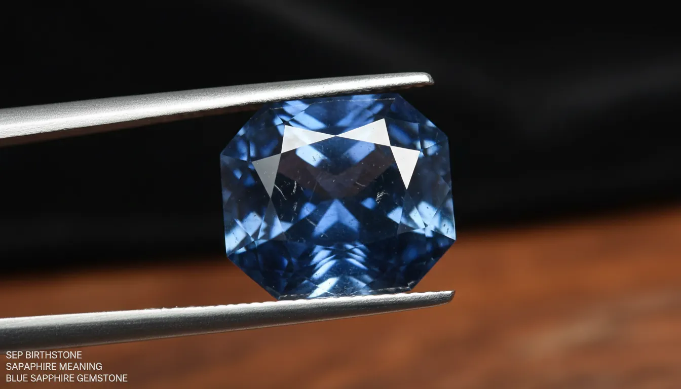 16:9 close-up of a natural deep-blue sapphire gemstone on a jeweler’s tweezers with soft studio lighting, showing facets and slight inclusions; alt text: sep birthstone sapphire meaning blue sapphire gemstone