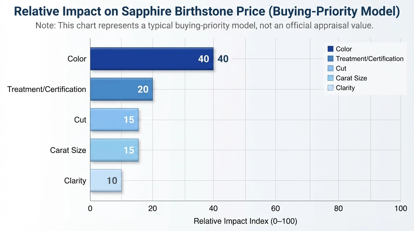 Bar chart showing relative impact on sapphire birthstone price (index 0–100): Color 40, Treatment/Certification 20, Cut 15, Carat Size 15, Clarity 10; description notes this is a typical buying-priority model, not an appraisal