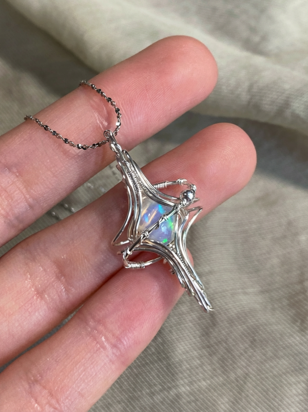 Starrybead 925 Sterling Silver Wire‑Wrapped Opal Healing Necklace | Intuition • Creativity • Emotional Flow