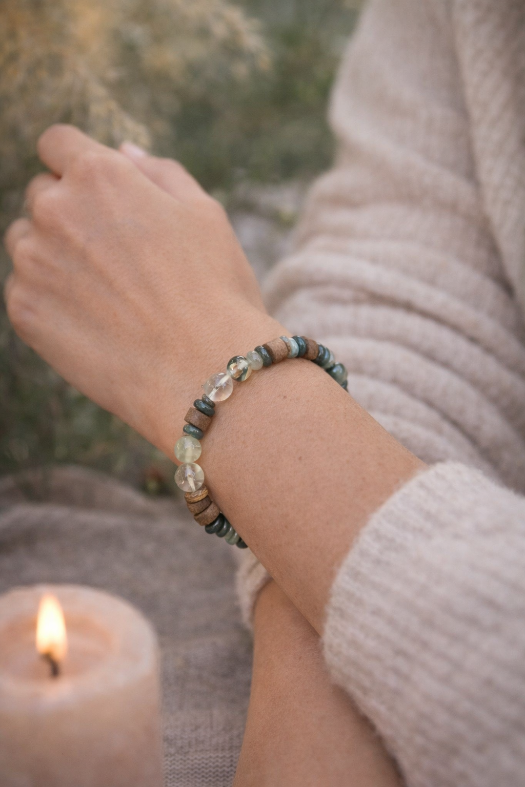 Starrybead Agarwood, Prehnite & Moss Agate Healing Bracelet – Calm, Grounding & Nature Energy Healing Jewelry