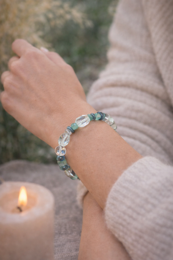 Starrybead Moss Agate Healing Bracelet with Clear & Green Quartz – Growth & Balance Healing Jewelry