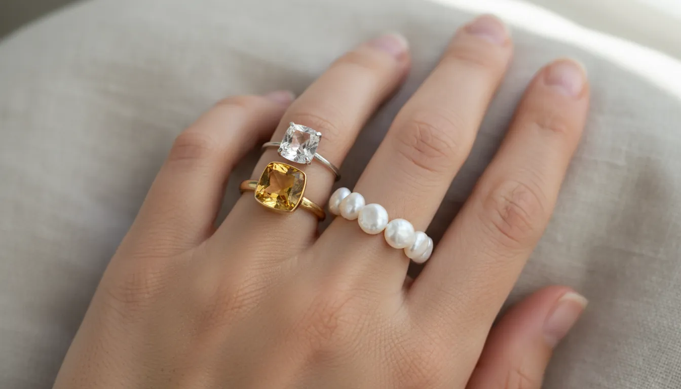 A 16:9 close-up editorial photo of a hand wearing stack rings jewellery featuring freshwater pearl band, citrine accent ring, and clear quartz solitaire-style stacker; soft natural daylight, neutral background; alt text: stack rings jewellery with natural gemstones and pearl ring stack