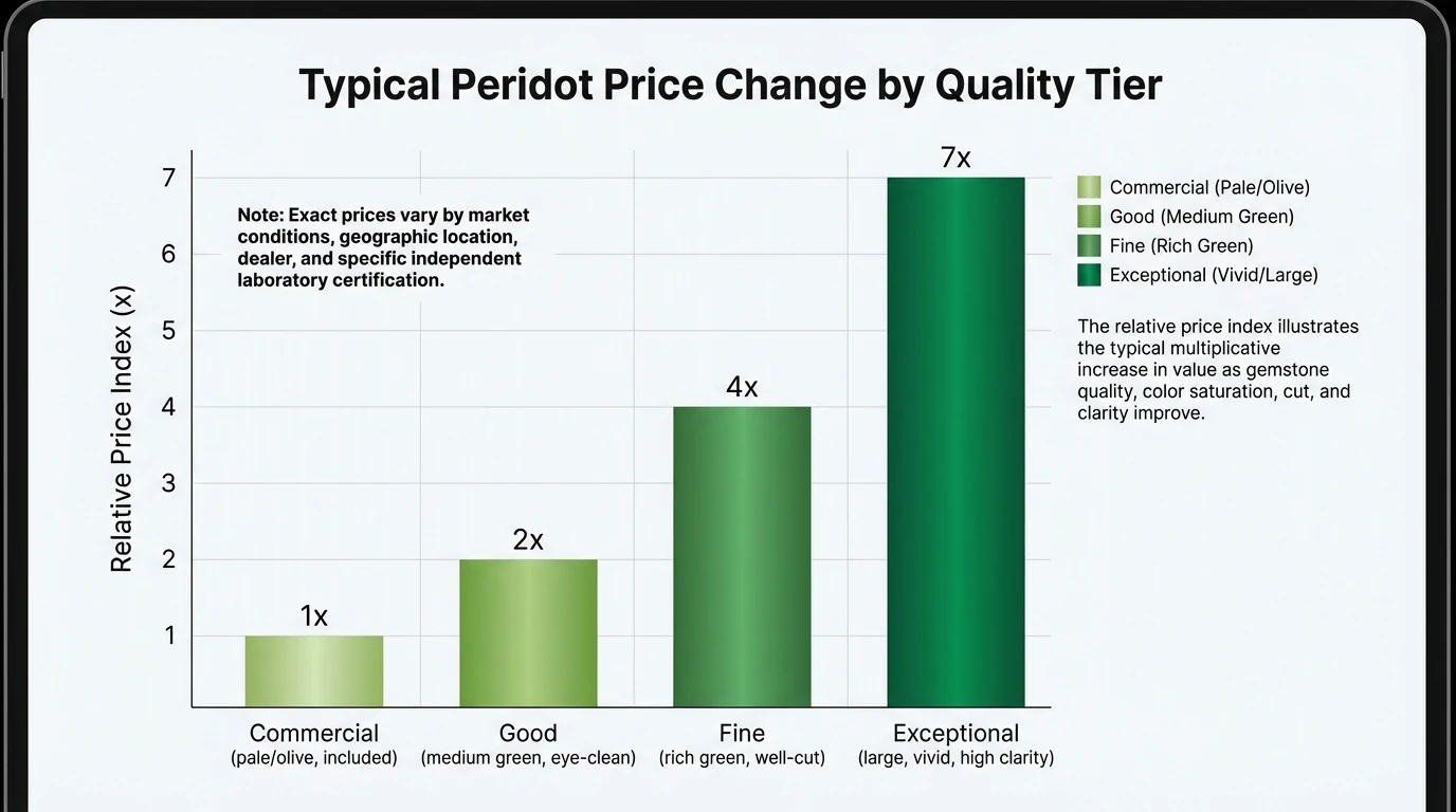 Bar chart showing how gemstones peridot price typically changes by quality tier; X-axis: Commercial (pale/olive, included), Good (medium green, eye-clean), Fine (rich green, well-cut), Exceptional (large, vivid, high clarity); Y-axis: relative price index (e.g., 1, 2, 4, 7) with a note that exact prices vary by market and certification